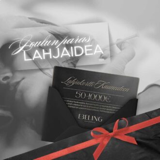 Ebeling Kauneuden lahjakortti – joulun paras lahjaidea. Tyylikäs musta lahjakuori, kultainen lahjakortti ja punainen lahjanauha, taustalla esteettisen hoidon kuva. Lahjakortilla voi ostaa esteettisiä hoitoja kuten botuliinihoitoja, täyteainehoitoja, Profhilo, Skinvive ja HydraFacial.