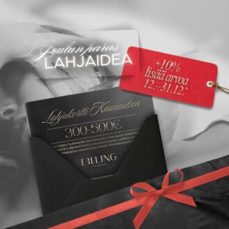 Ebeling Kauneuden lahjakortti – joulun paras lahjaidea. Tyylikäs musta lahjakuori, kultainen lahjakortti ja punainen lahjanauha, taustalla esteettisen hoidon kuva. Lahjakortilla voi ostaa esteettisiä hoitoja kuten botuliinihoitoja, täyteainehoitoja, Profhilo, Skinvive ja HydraFacial.